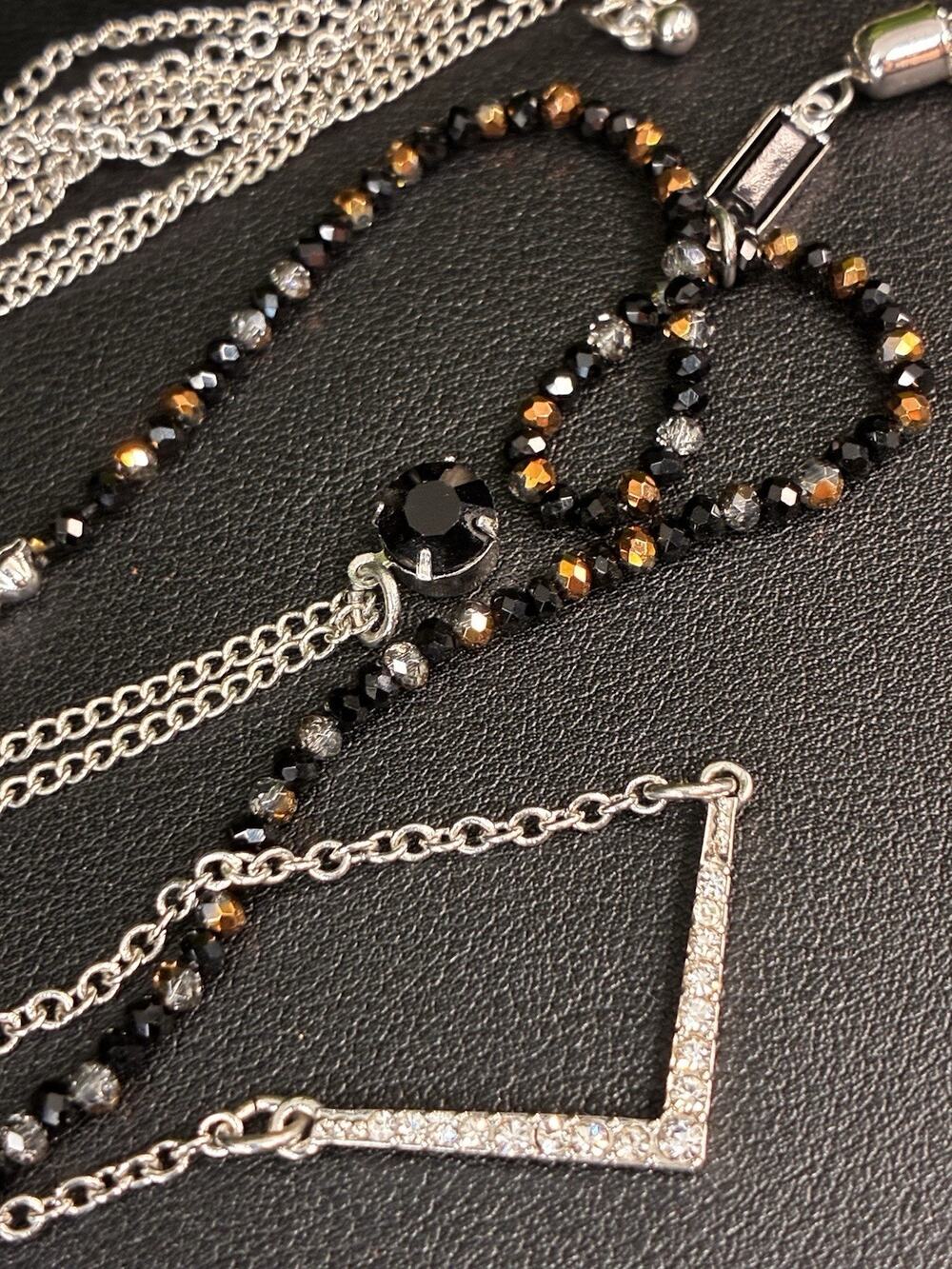 Layered Necklace Chains Metal/Plastic Beads Long Black Clear Silver Tone 17”